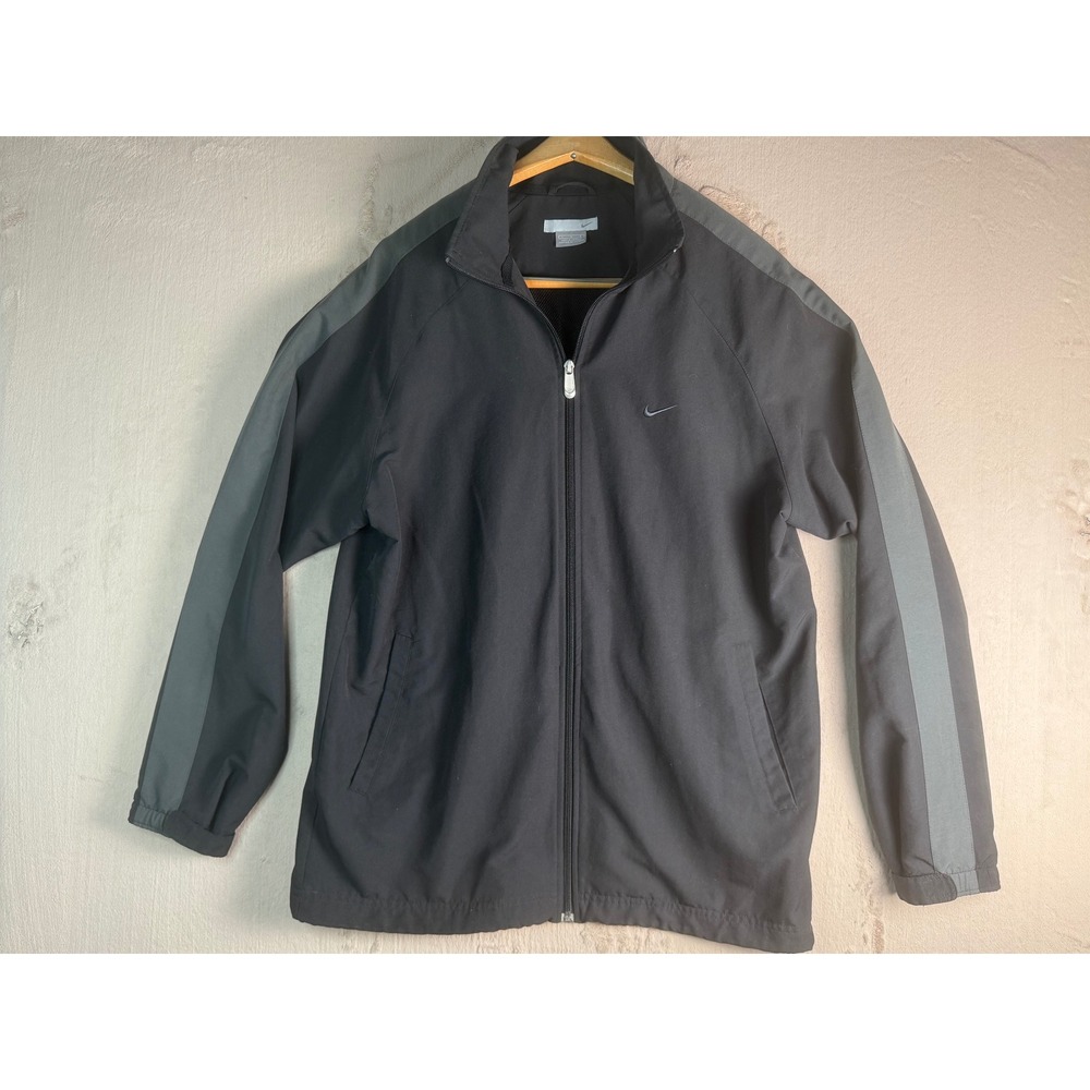 Nike Men Track Jacket Full Zip Black Grey Stripe Windbreaker Size L Running Golf